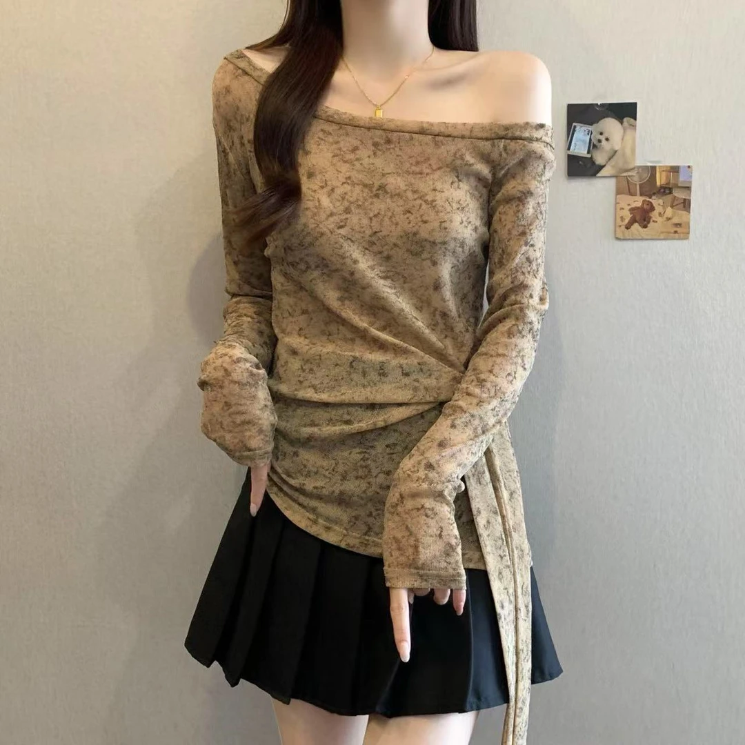 早秋2025新款设计感露肩长袖T恤大码女装胖mm收腰绑带打底衫上衣