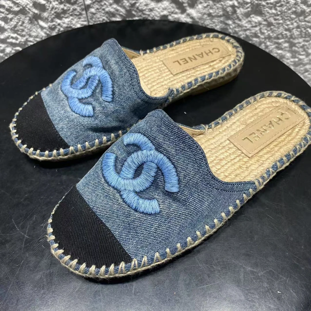 99新 Chanel/香奈儿 35码/仔仔女鞋/浅蓝色牛仔针织渔夫半拖 1859
