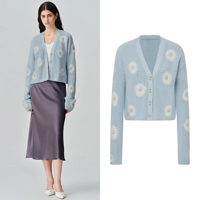 【法】婴儿蓝小雏菊2025年春季新款山羊绒针织短款开衫P5295