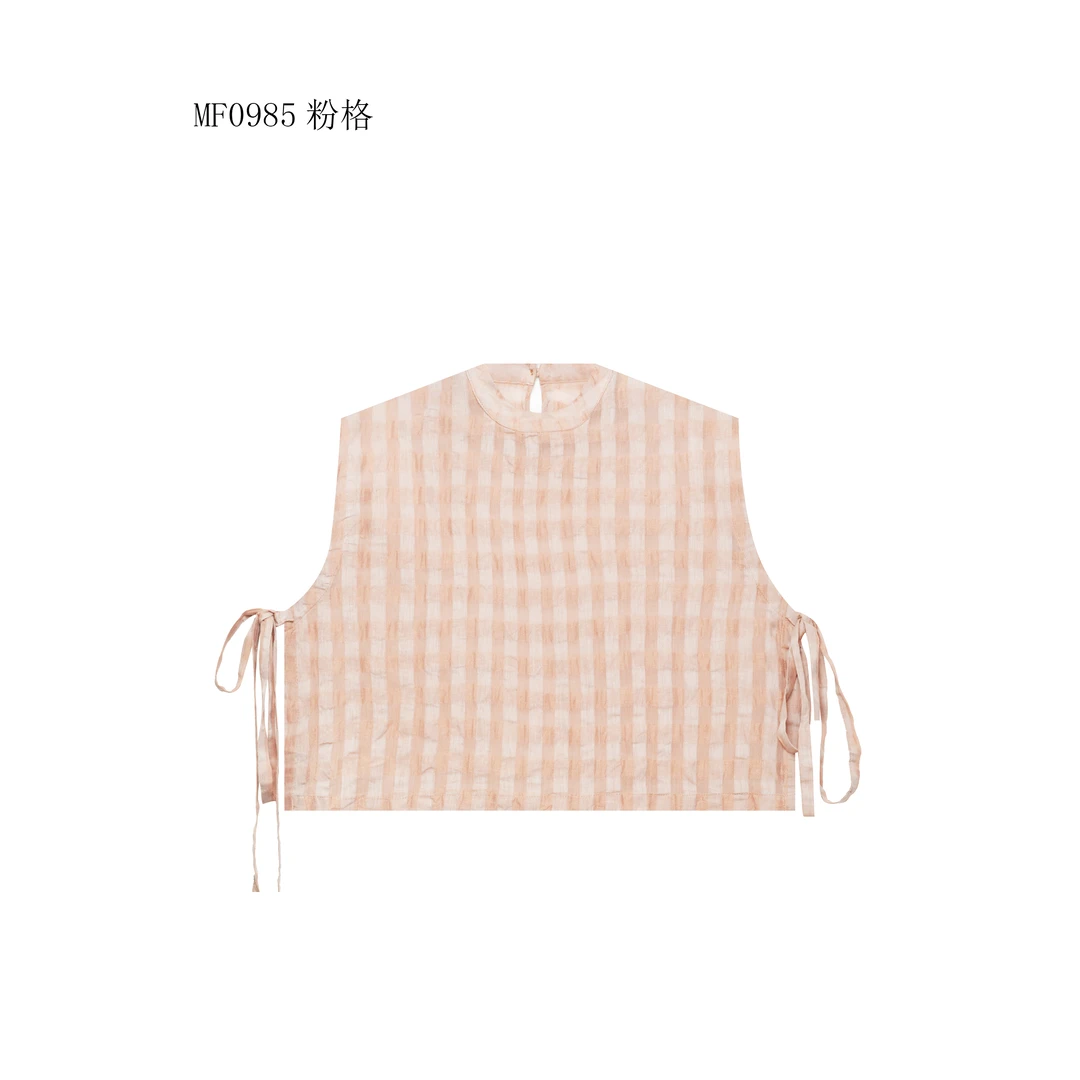 【麻訪家】MF0985粉格文艺复古时尚绑带百搭坎肩上衣