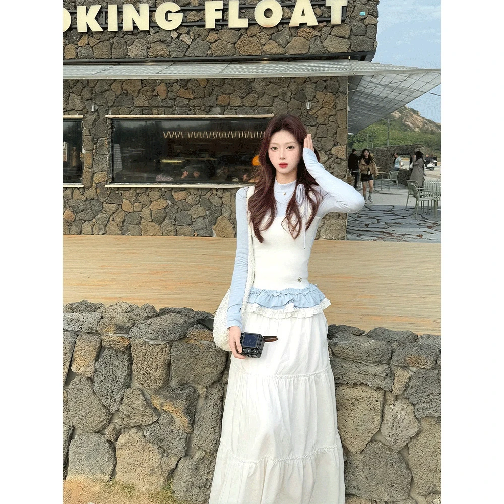 蓝色假两件立领系带吊带长袖t恤女春秋荷叶边拼接撞色高级感上衣