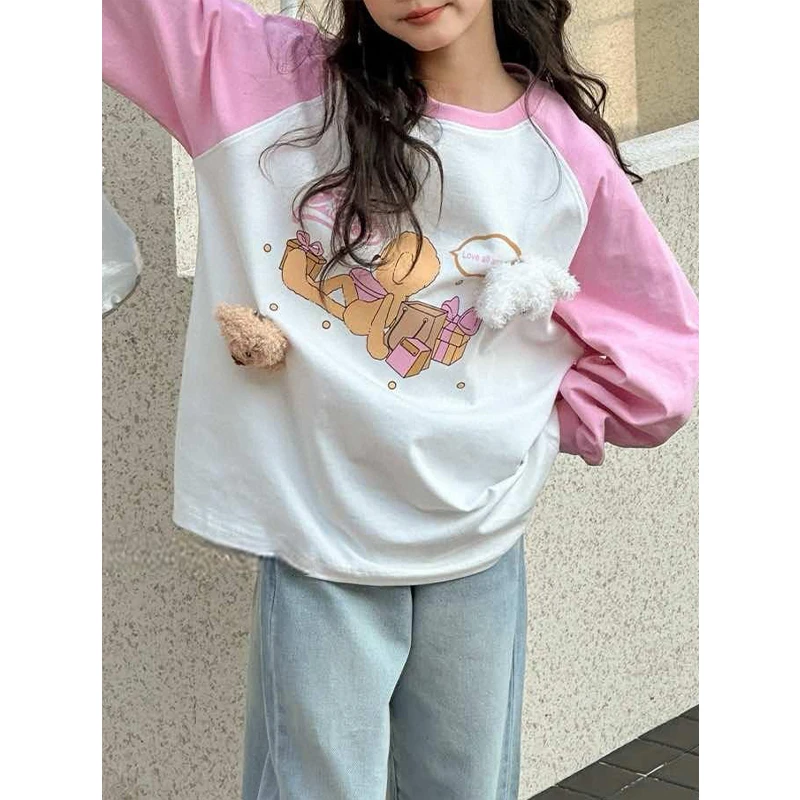 K28477韩系插肩袖女童长袖T恤2025春装新卫衣女大童春秋打底衫薄