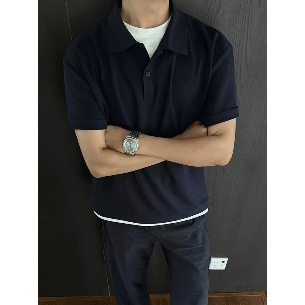 藏青色正肩短袖polo衫男款夏痞帅高级感重磅板正t恤美式翻领半袖