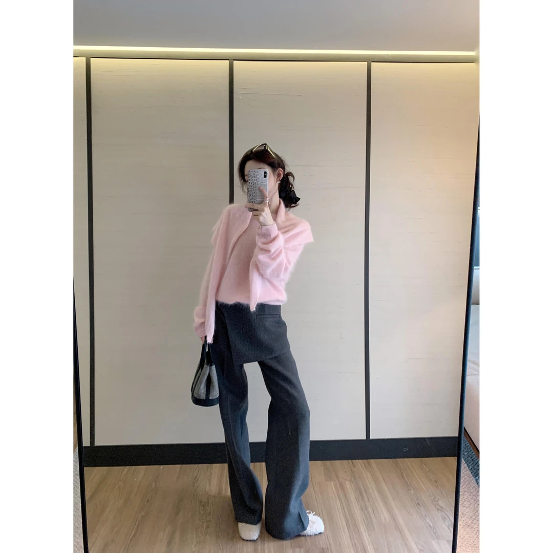 气质温柔甜美秋冬穿搭粉色披肩毛衣长袖针织衫上衣直筒休闲阔腿裤