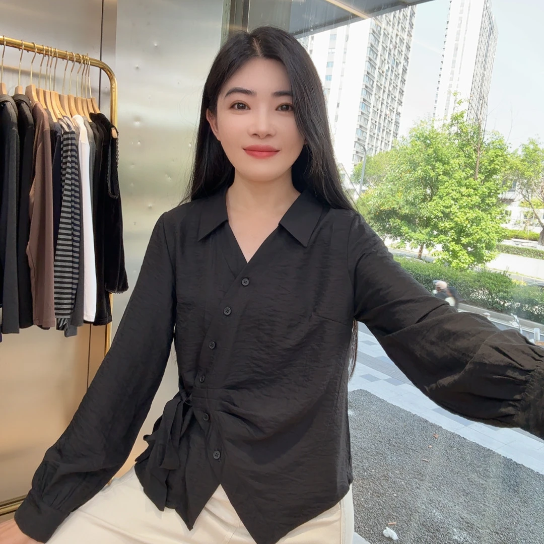 253728 秋款 韩系不规则绑带V领时尚感显瘦气质衬衫