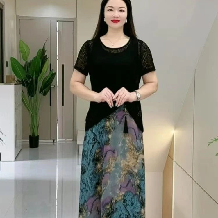 2025时尚夏季女款短袖T恤印花半身裙套装洋气显瘦减龄碎花大码