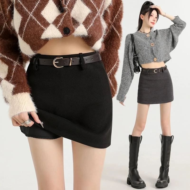 黑色毛呢半身裙女秋冬2024新款高腰显瘦磨毛a字百搭包臀短裙