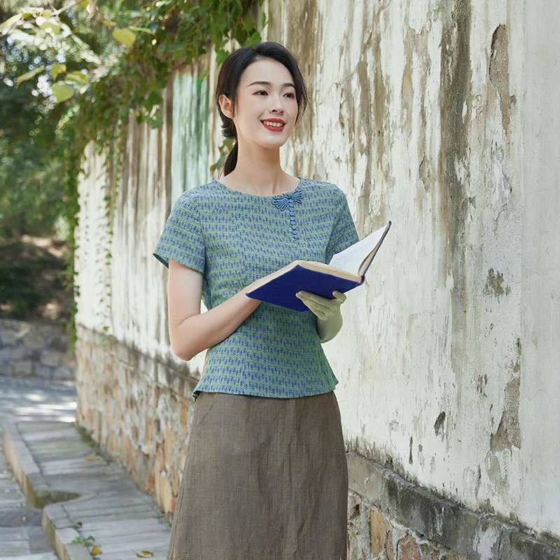 MXDX9布符2025年夏新款复古盘扣优雅碎花上衣短袖时尚中式女款t恤