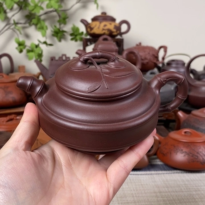 紫砂茶壶紫泥双线竹鼓高货大漏不退不换