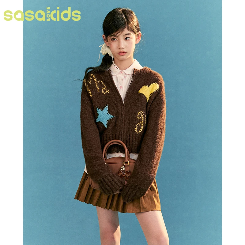 sasakids立体撞色可爱涂鸦画贴布绣咖色保暖毛衣开衫柔软舒适女童