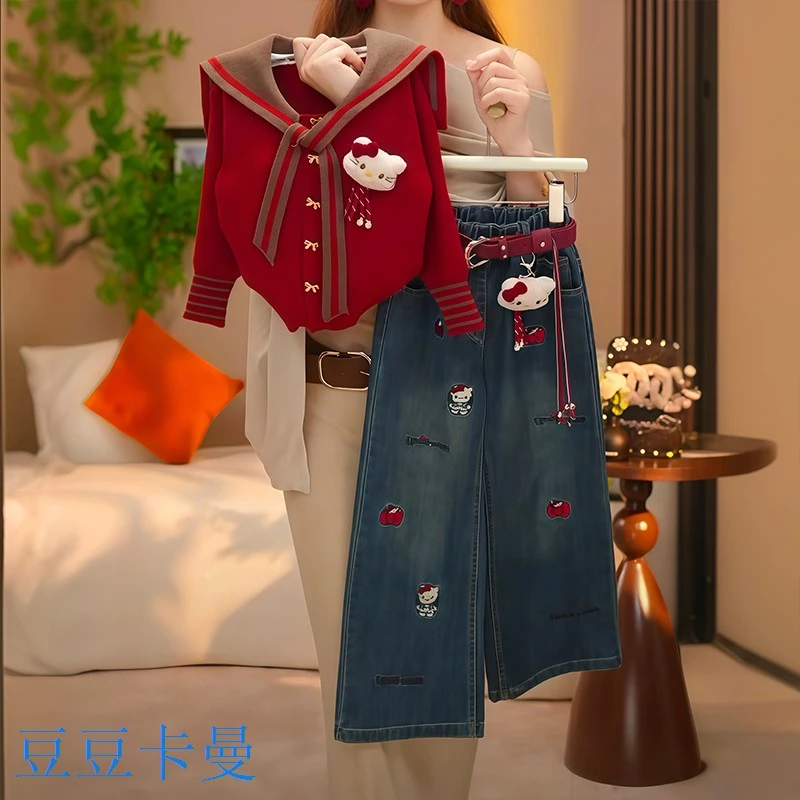 套装牛仔裤毛衣两件套秋装猫女孩KT春秋季外套新款儿童女童2025