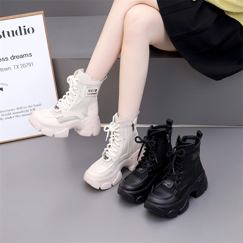 夏季网面增高靴子女透气短靴2025年薄款网纱厚底中筒网靴轻便凉靴