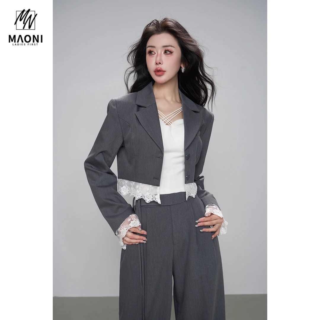 毛妮Peshe【潮牌蕾丝拼接西装】通勤高腰名媛长袖短外套女春L1384