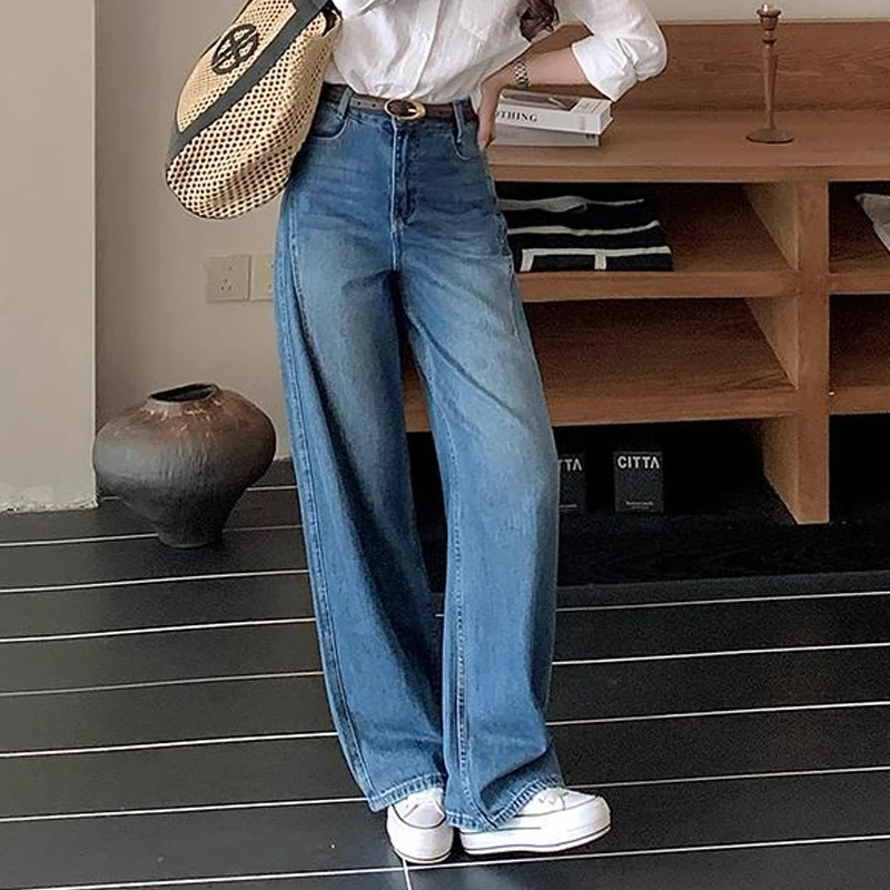 浅蓝色窄版阔腿牛仔裤女春秋2025新款高腰显瘦小个子休闲直筒裤子