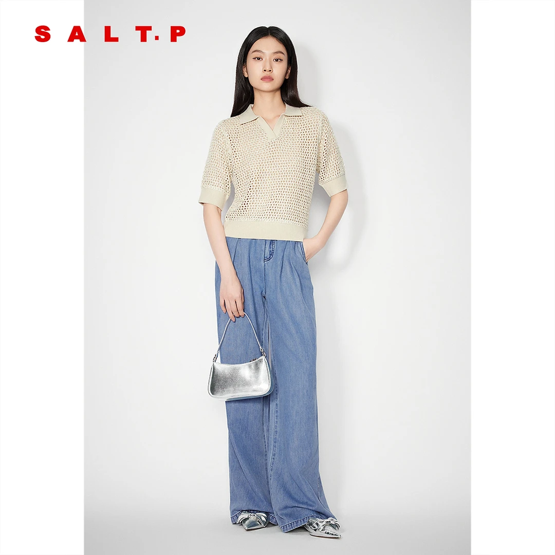 SALT.P可颜2025夏季新款浅金色珠片纱精致感POLO翻领毛织衫女