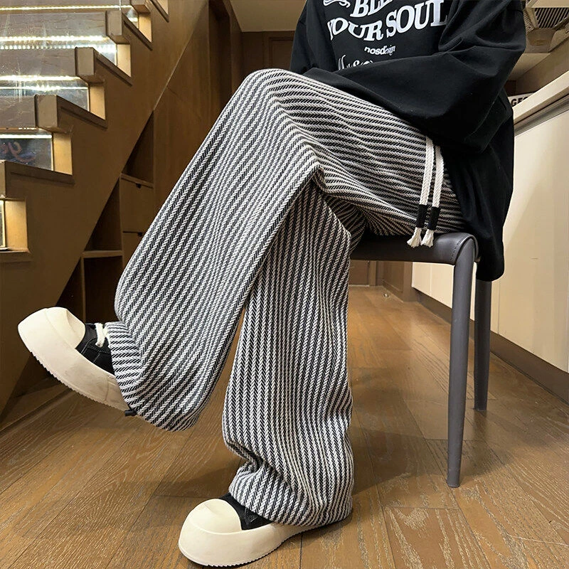 春季慵懒黑白条纹阔腿裤垂感直筒裤高腰显瘦遮肉遛弯裤休闲拖地裤