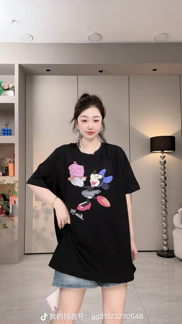 大版冰感雪花棉夏季薄款休闲潮流正肩显瘦T恤宽松中长款米妮