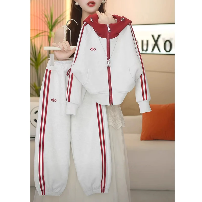 女童连帽拉条运动套装2025新款春秋款开衫外套休闲卫衣束脚卫裤潮