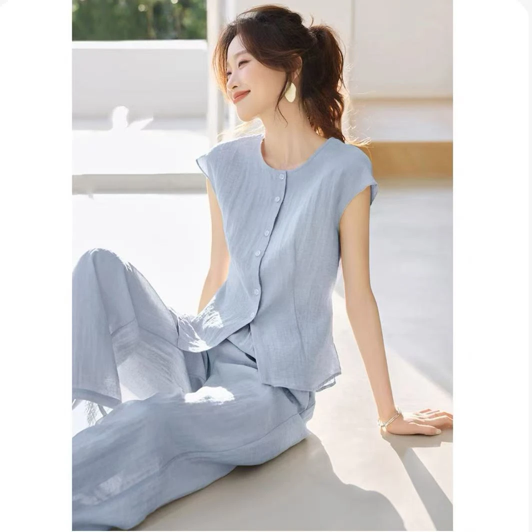 2025新款通勤圆领松弛感显瘦无袖两件套2025夏新款套装气质2613