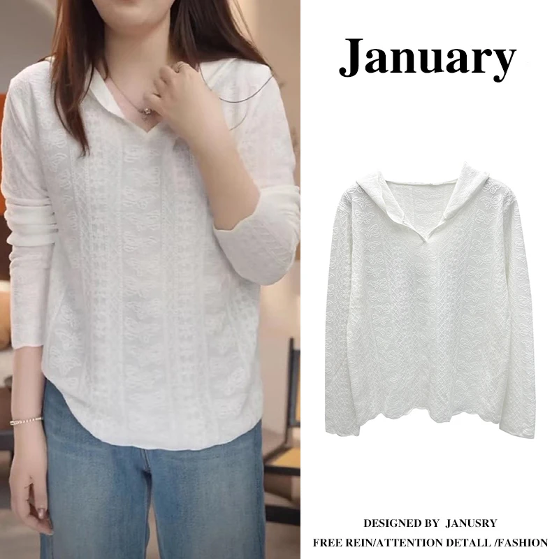 大码气质连帽针织打底衫女装春季2025年新款上衣设计感帽衫-5826