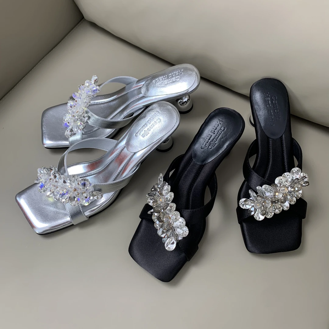 夏季高跟粗跟法式日常水钻一字拖露趾凉鞋低跟外穿BJ3606