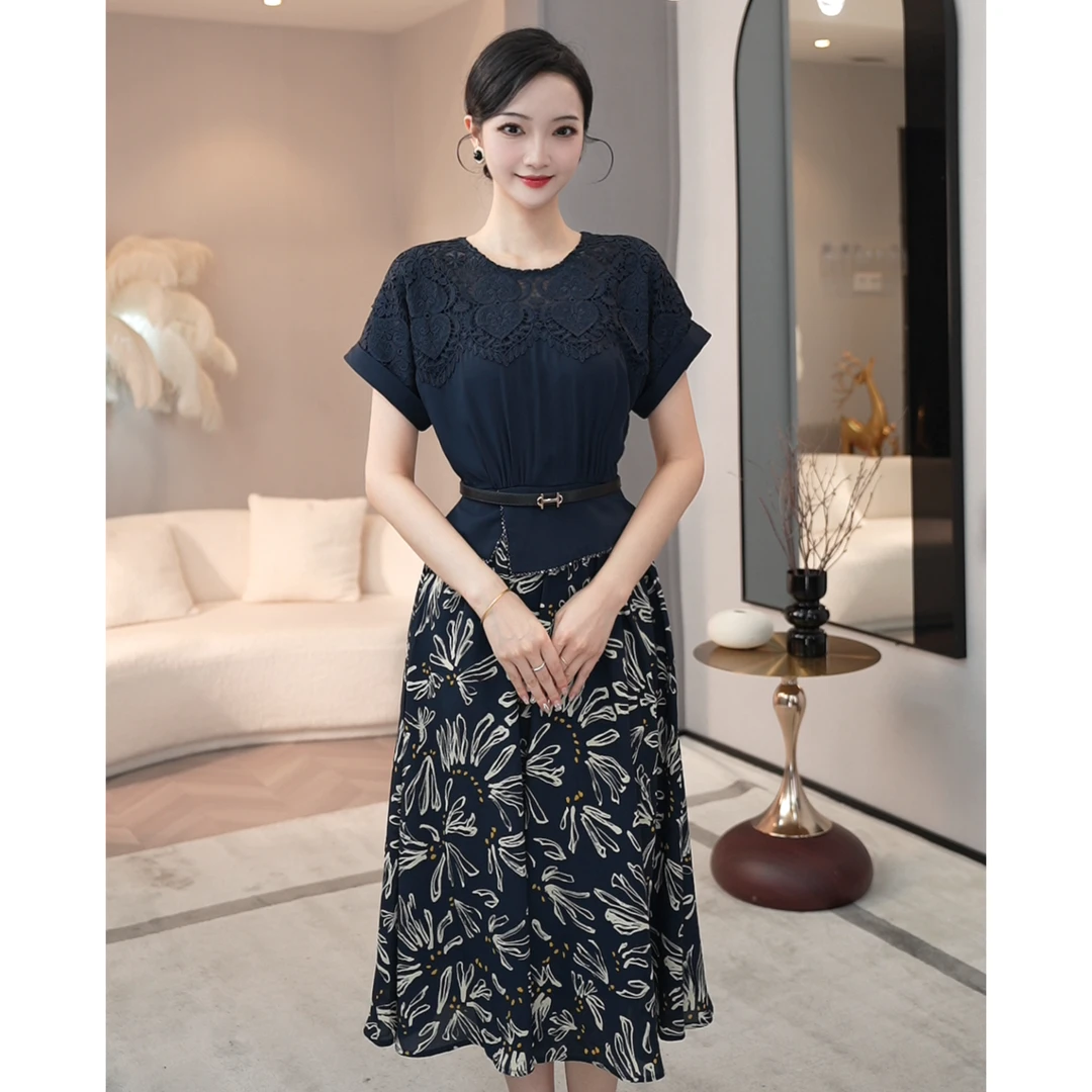 现货2026夏季新款【QQ-X1126】蕾丝刺绣气质时尚抽象画收腰连衣裙子