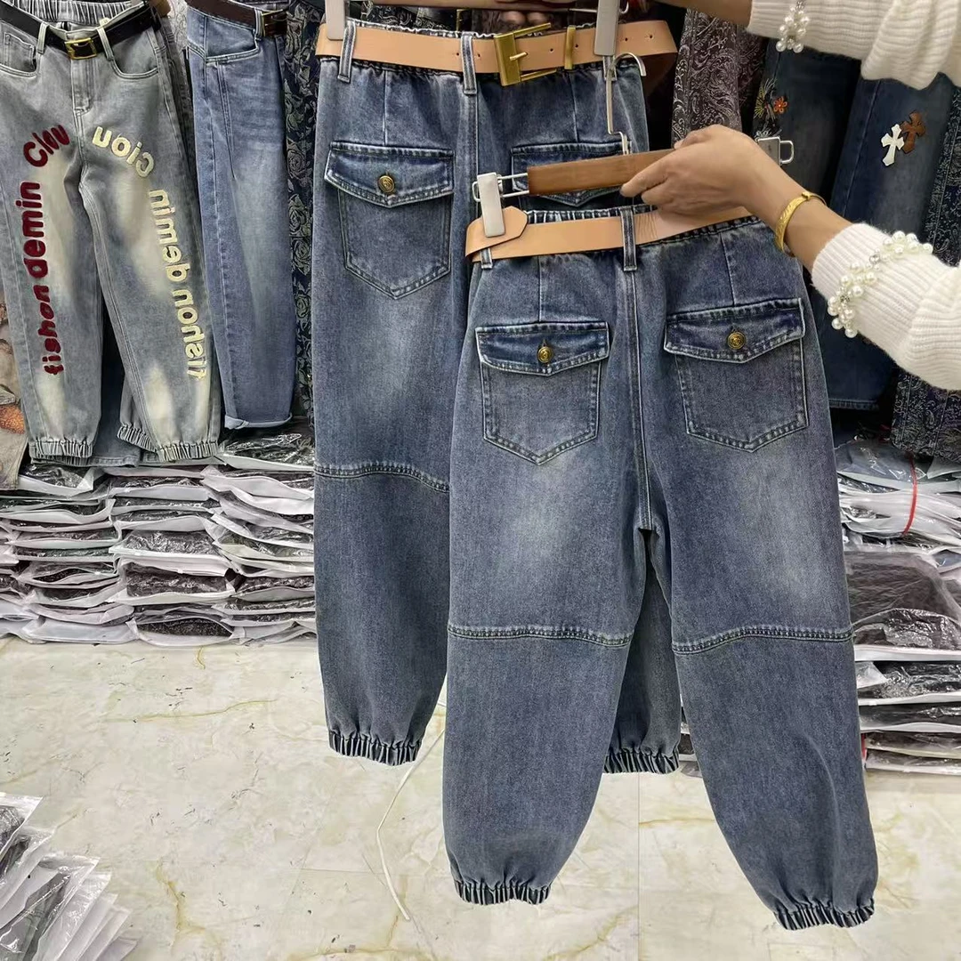 8951弹力后兜盖牛仔老爹裤(无腰带)