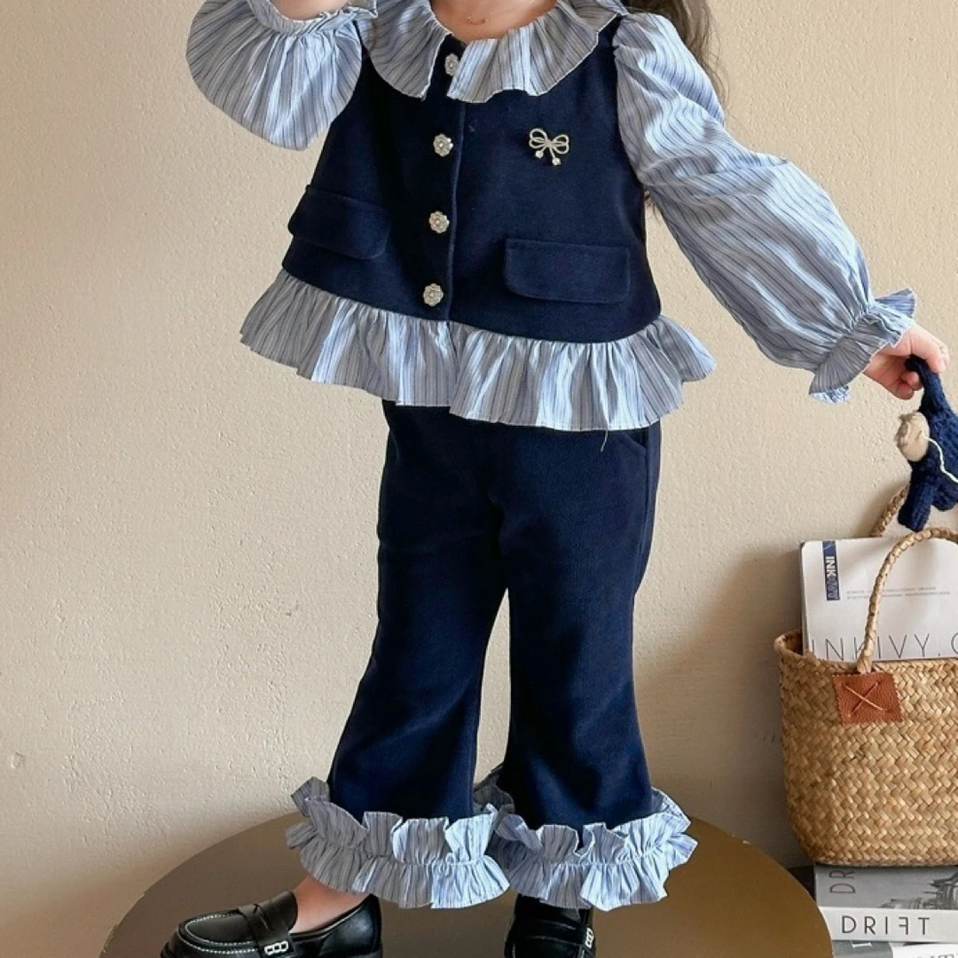 女童常规休闲风条纹学院风女三件套装时髦慵懒风