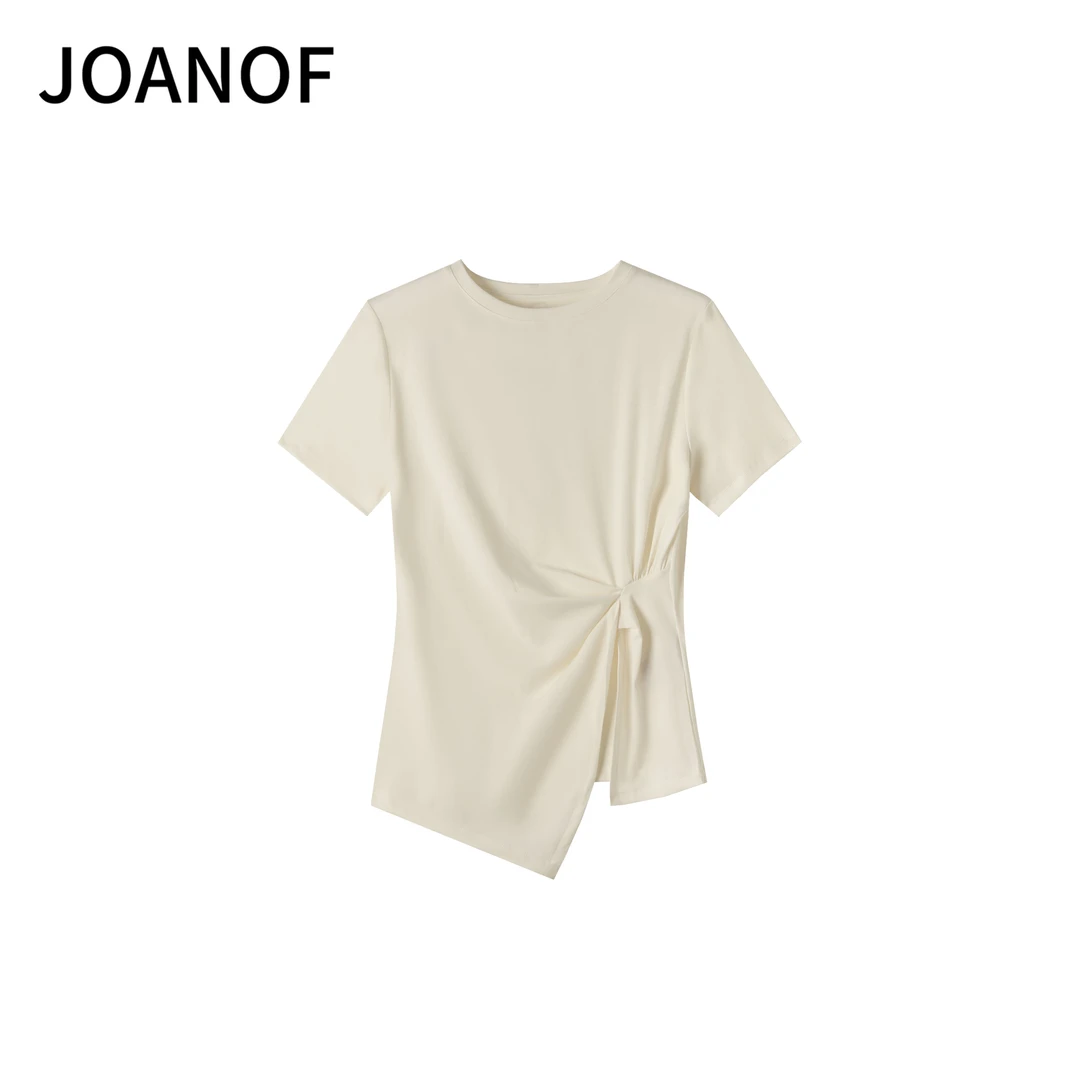 JOANOF 莱赛尔螺纹ins褶皱女圆领短袖时尚D49113