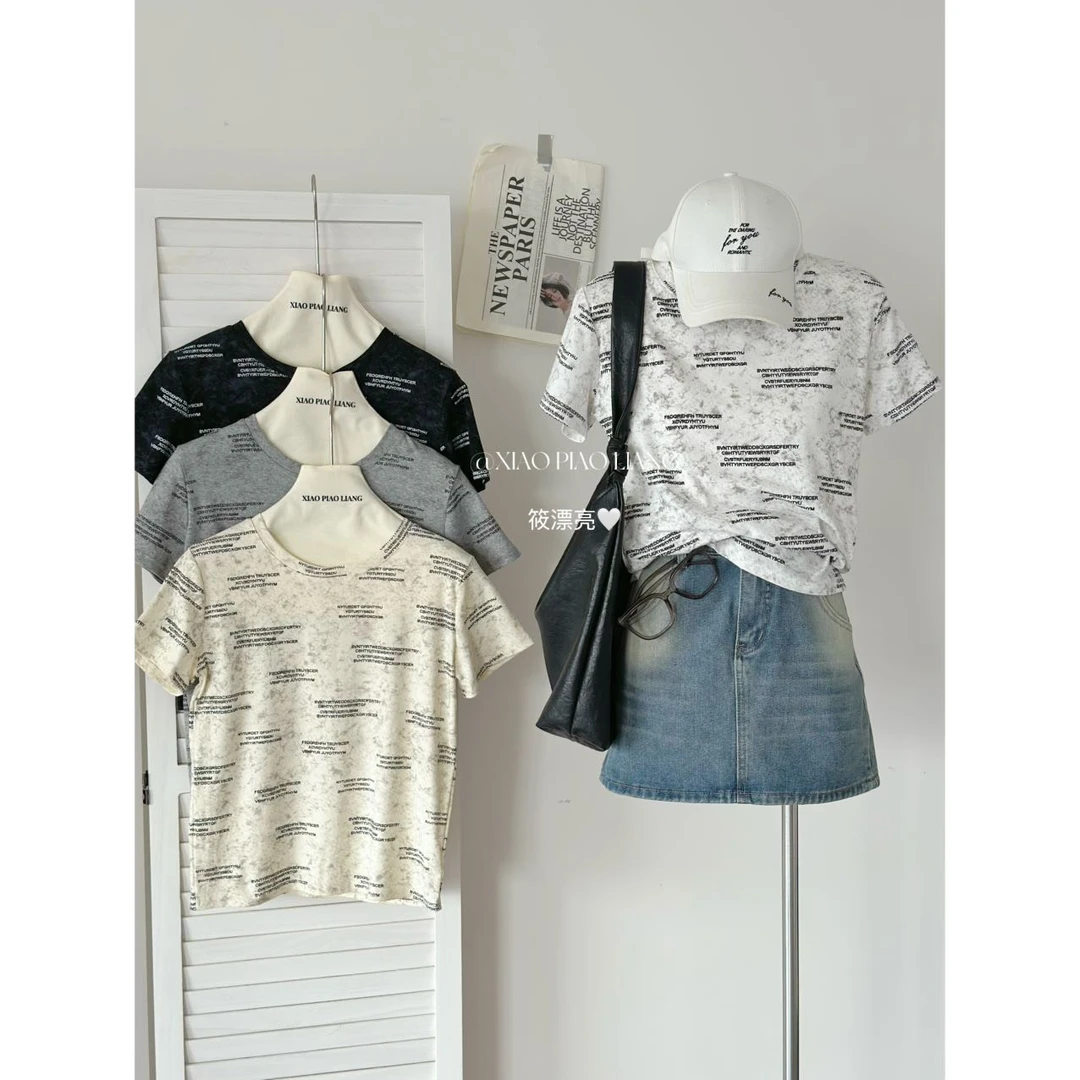 韩版时尚别致休闲百搭个性字母印花撞色设计感通勤风T恤918#0.1