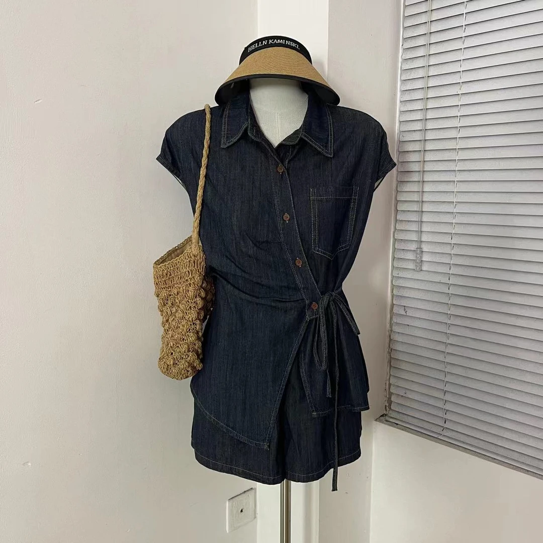 keke定制 韩国东大门夏季新款时尚显瘦简约休闲韩版系带牛仔套装