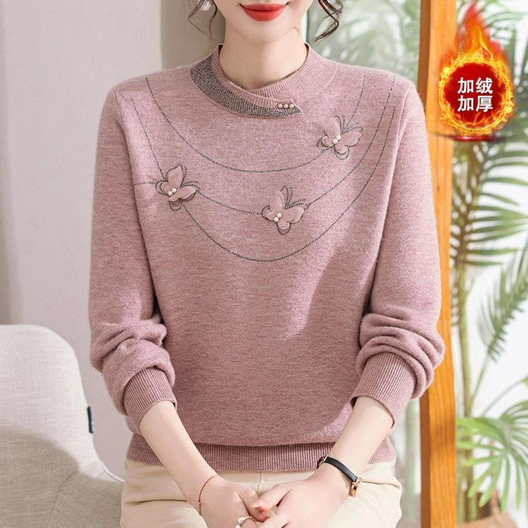 妈妈秋冬款一体绒毛衣加厚保暖衣中老年加绒大码女上衣打底衫