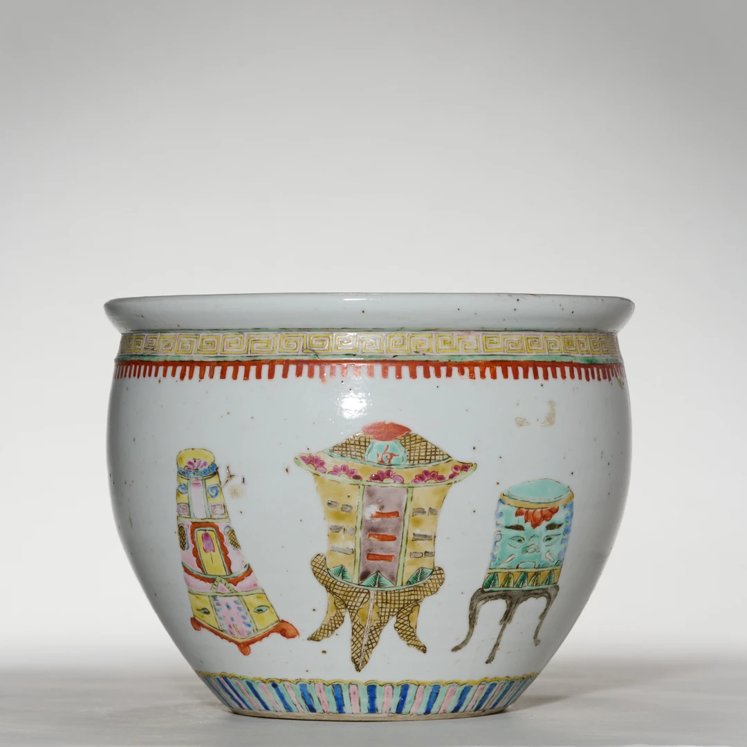 5875清晚期·粉彩博古图卷缸【古董拍卖】