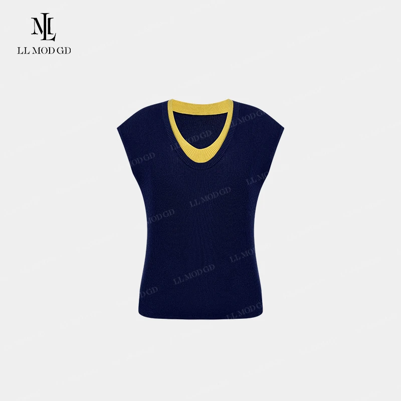 夏野甜心 法式V领撞色飞飞袖亚麻针织短袖温柔百搭上衣YL-262533