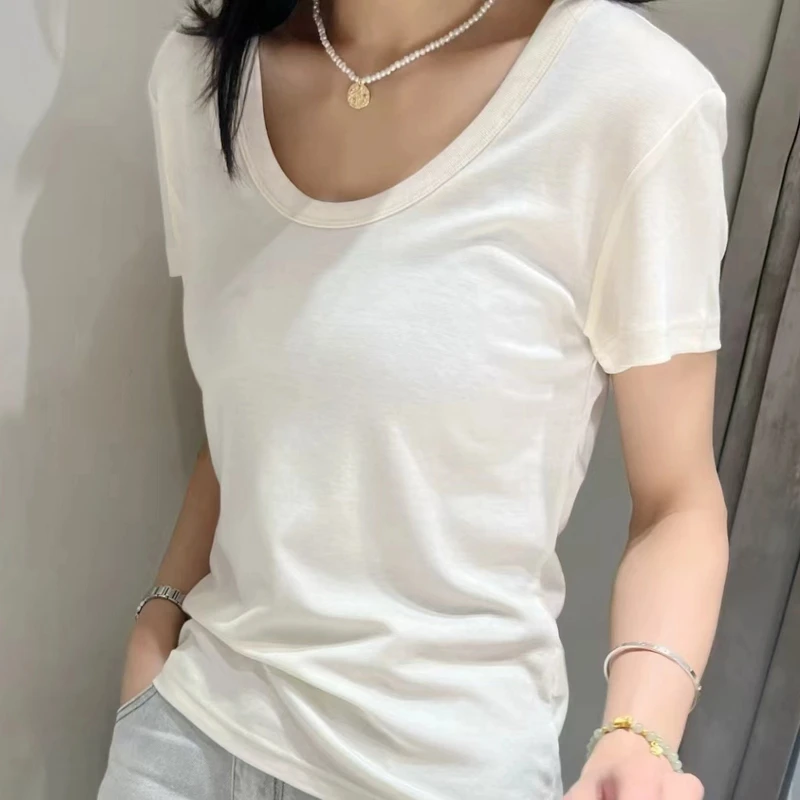 M1199气质百搭U型领显瘦纯色短袖T恤 衣长57 款号ZZ1236