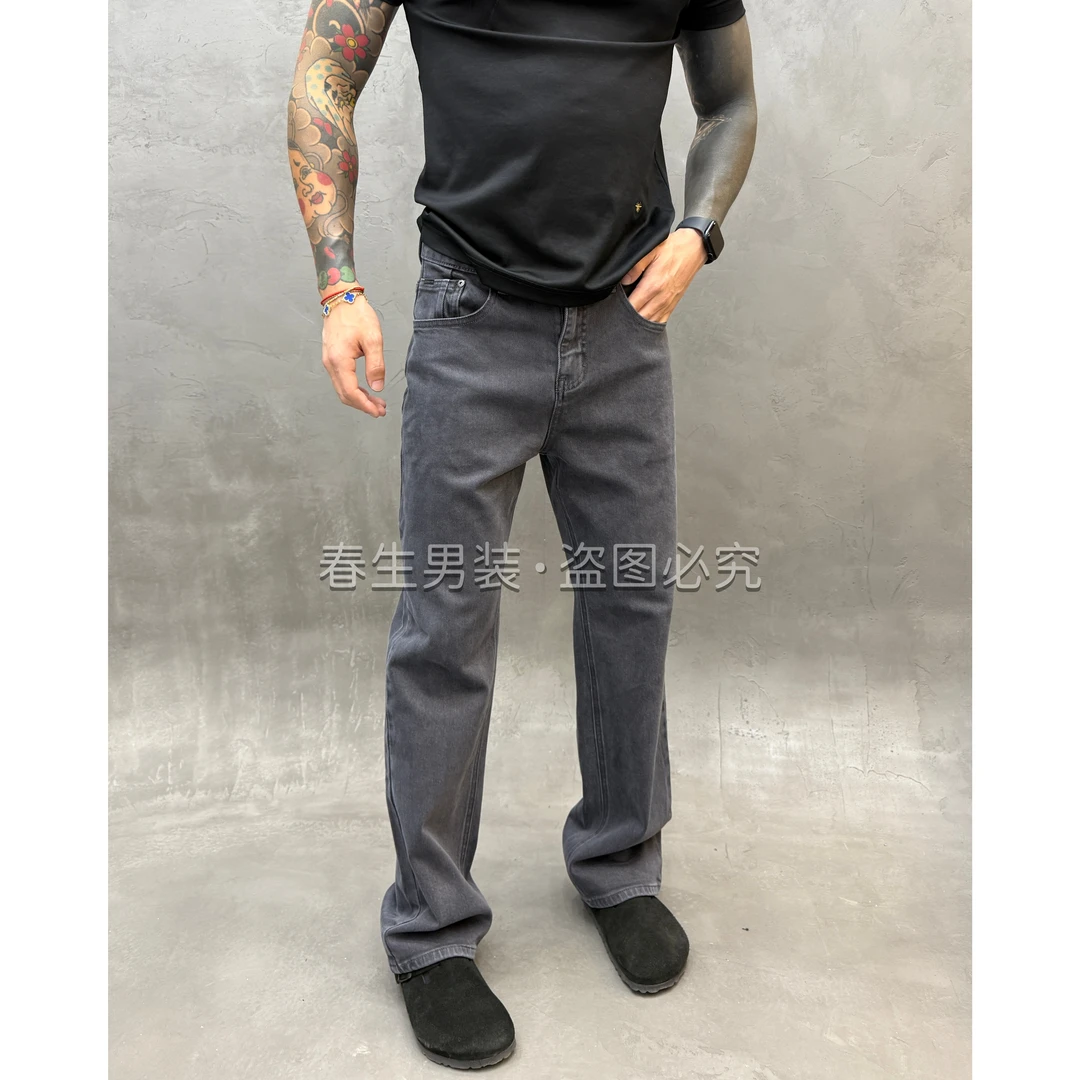 2025早秋款休闲百搭净版纯色雾霾蓝灰色净版直筒牛仔裤50055