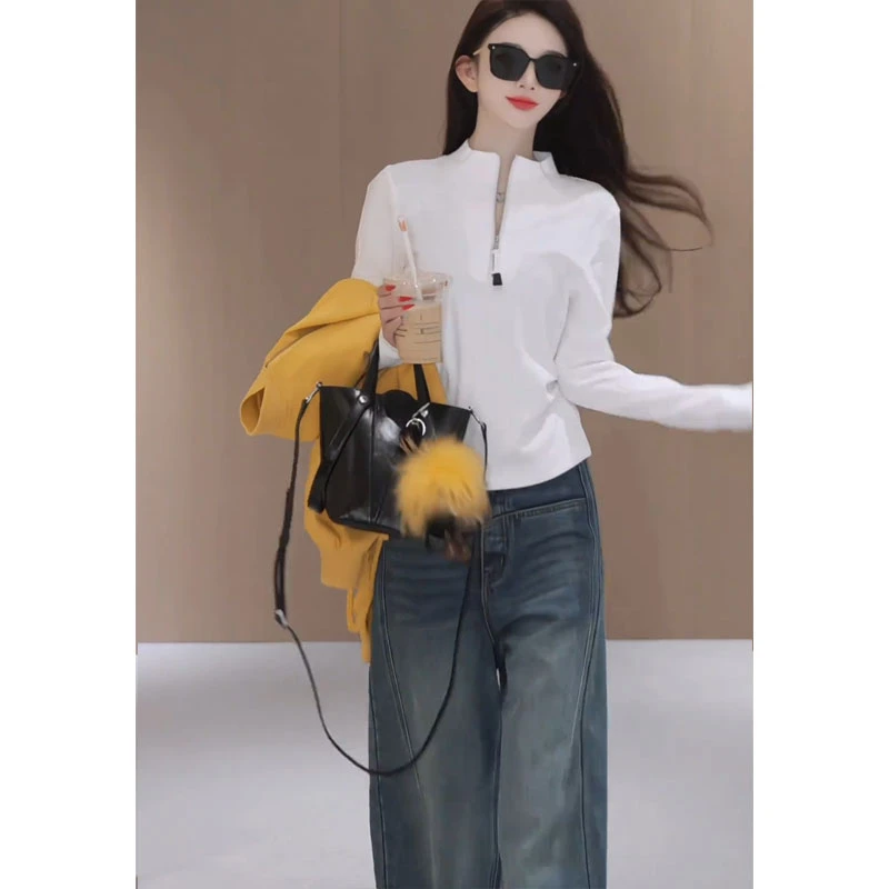 修身显瘦2025早春时尚拼接设计百搭半拉链短款长袖T恤打底衫上衣