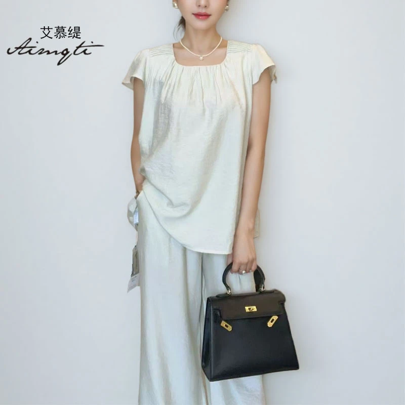 【妮姐】米白色两件套小个子T恤设计感高腰阔腿裤韩版休闲宽松C8087