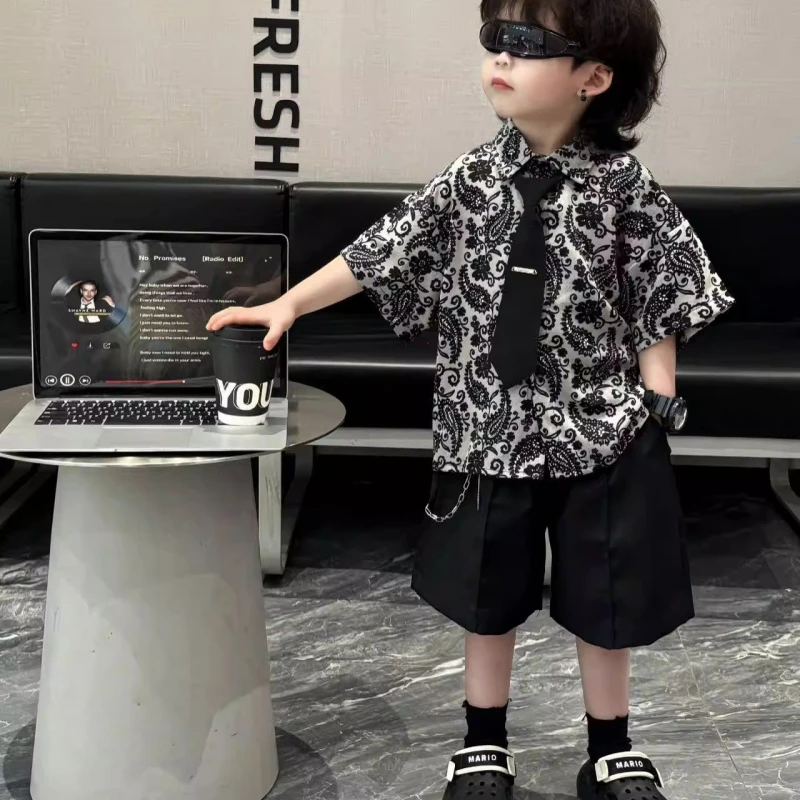 男童套装花衬衫短袖2025夏装新款儿童洋气衬衫夏季宝宝短裤两件套