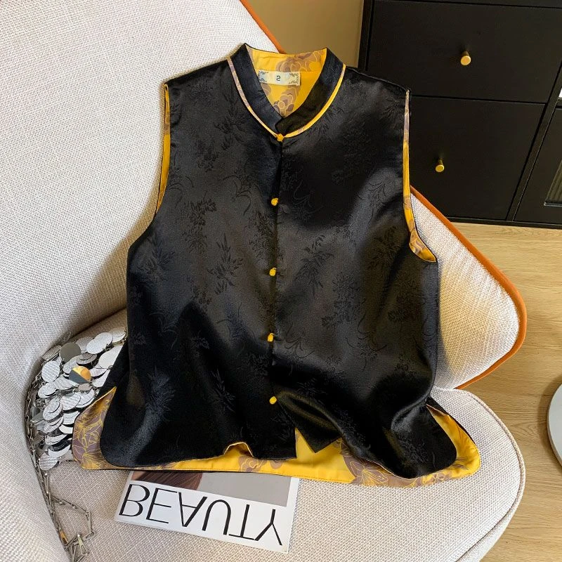 2025新款秋秋季独特别致盘扣醋酸宋锦马夹外套新中式国风马甲女款