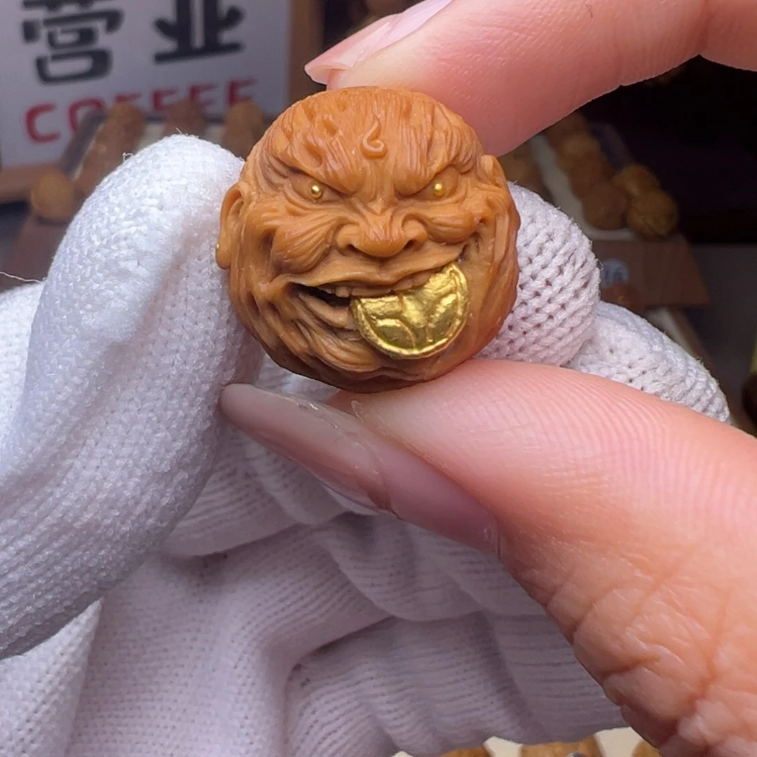 把件猴头核桃精修镶嵌金见钱眼开全品有正常