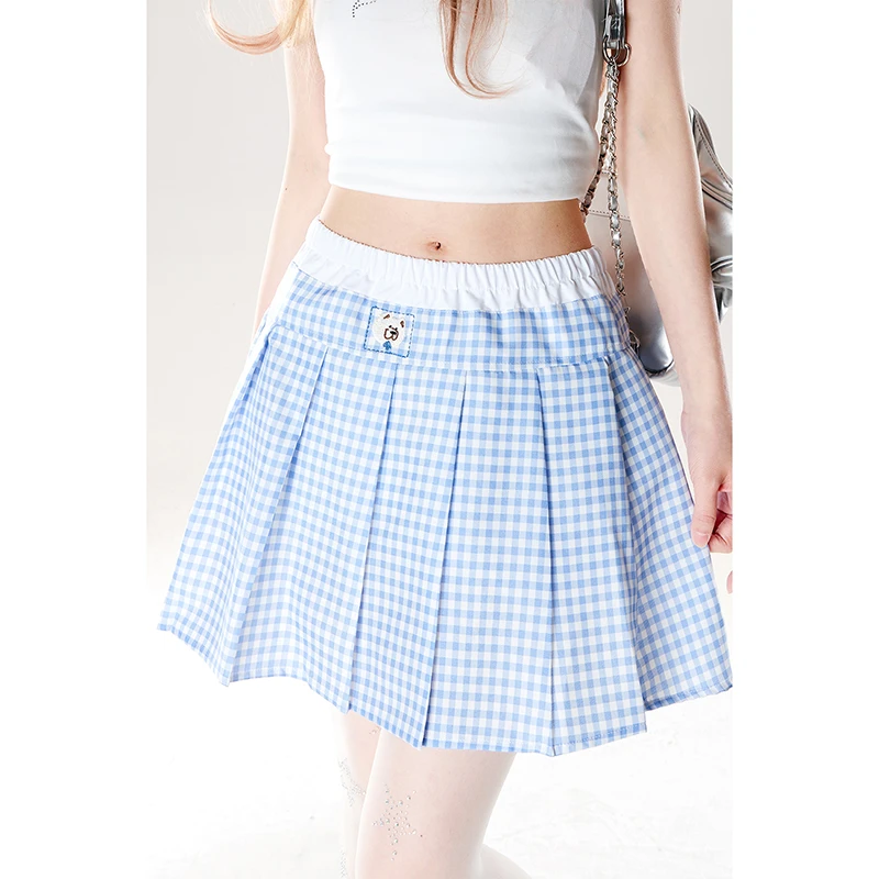 自然涩清新蓝白格纹短裙夏学院风休闲卡通刺绣高腰修身新款百褶裙
