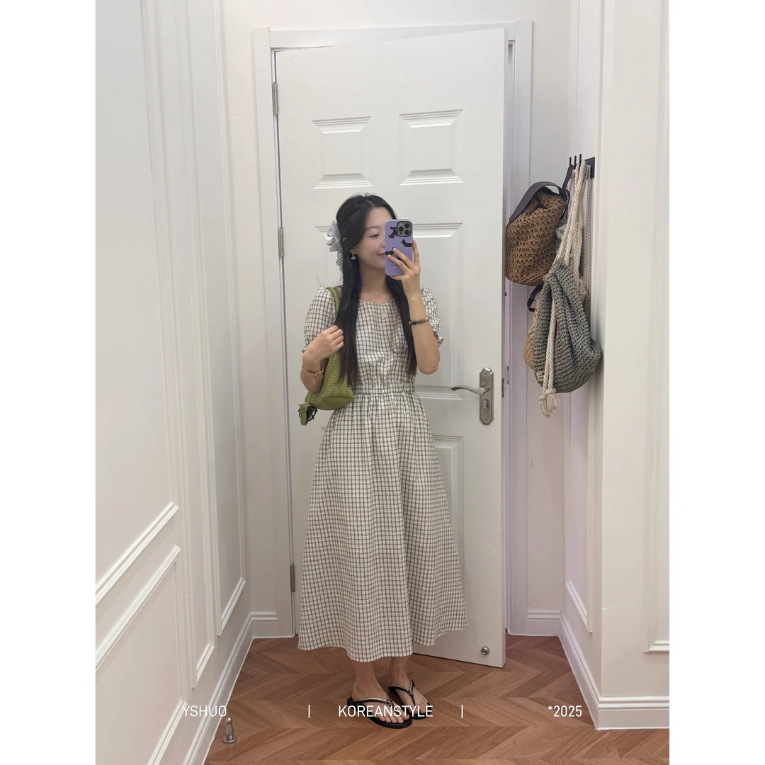 YSHUO【艺术画室】格纹收腰系带后背露腰连衣裙复古泡泡袖长裙 6998