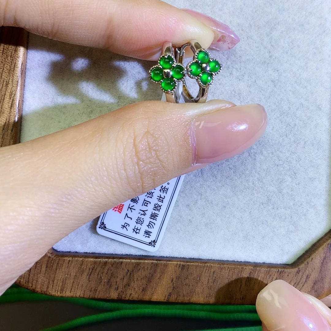 翡翠耳饰银S925镶嵌天然翡翠耳包