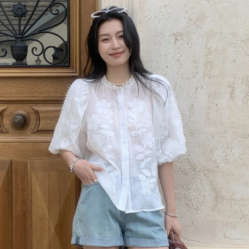 2025夏季新款法式衬衫上衣女设计感高档刺绣女士泡泡袖苎麻衬衫女
