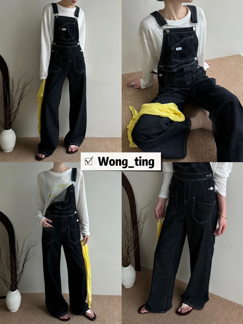 【W_ting】2025新款小众设计师普洗黑夏季背带牛仔裤3575