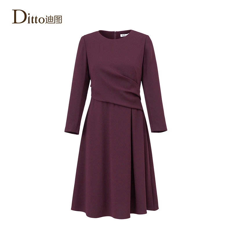 【Ditto】春秋轻奢圆领时尚收腰优雅醋酸中长款女装连衣裙GUCD825