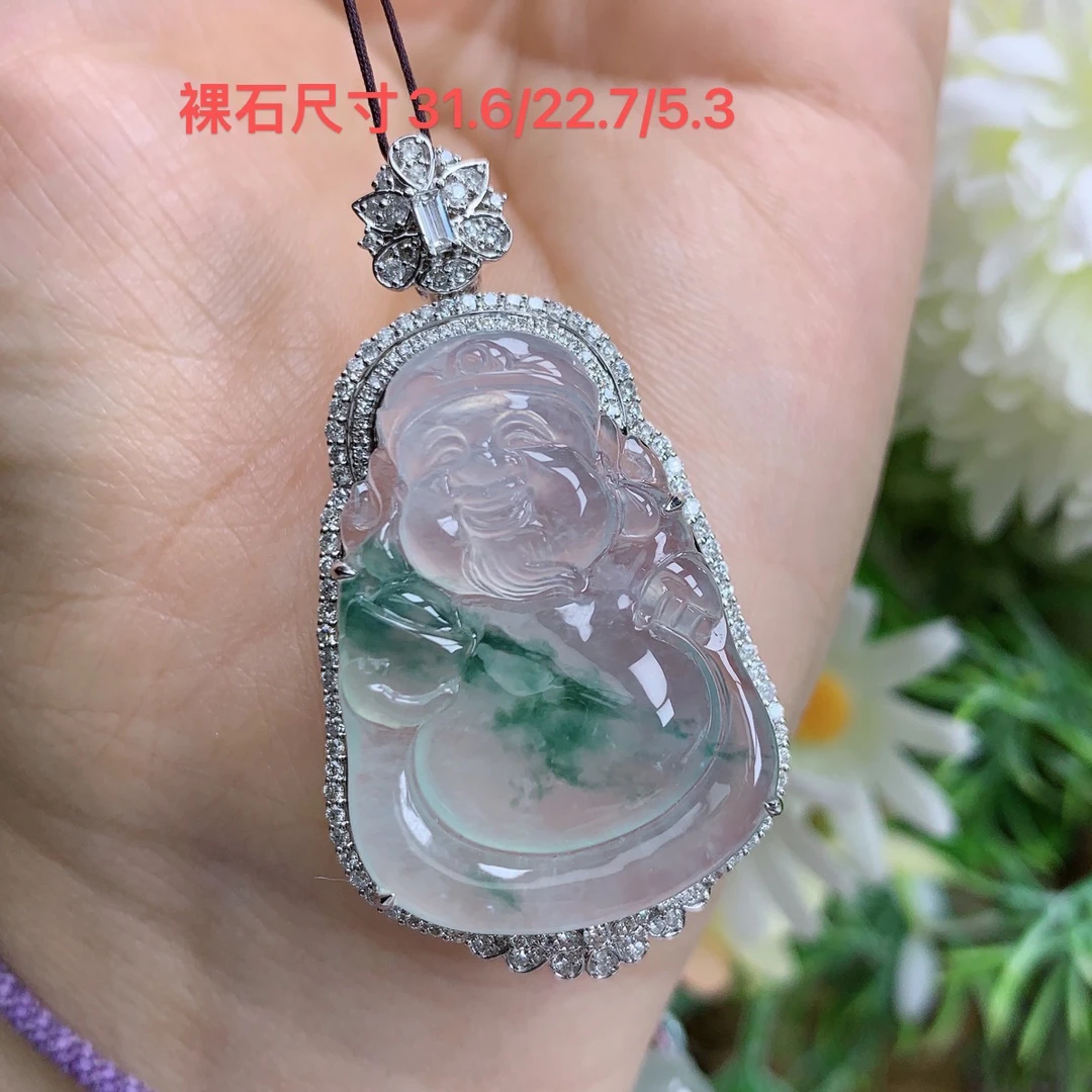 缅甸天然翡翠a货18k高冰起光飘花财神吊坠美尺寸46.6/25.8/12mm