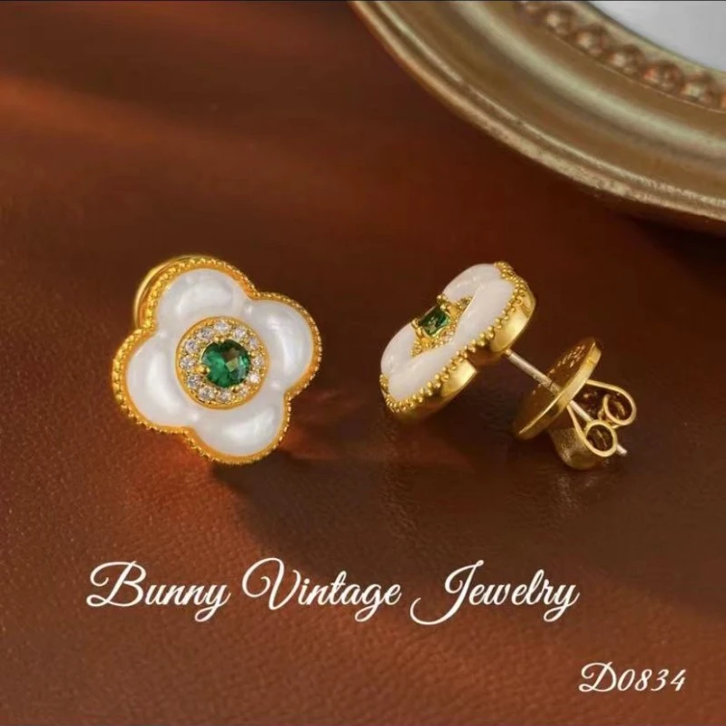 铜合金耳饰 S925银针幸运四叶草耳环新中式天然贝壳镶锆花朵轻奢