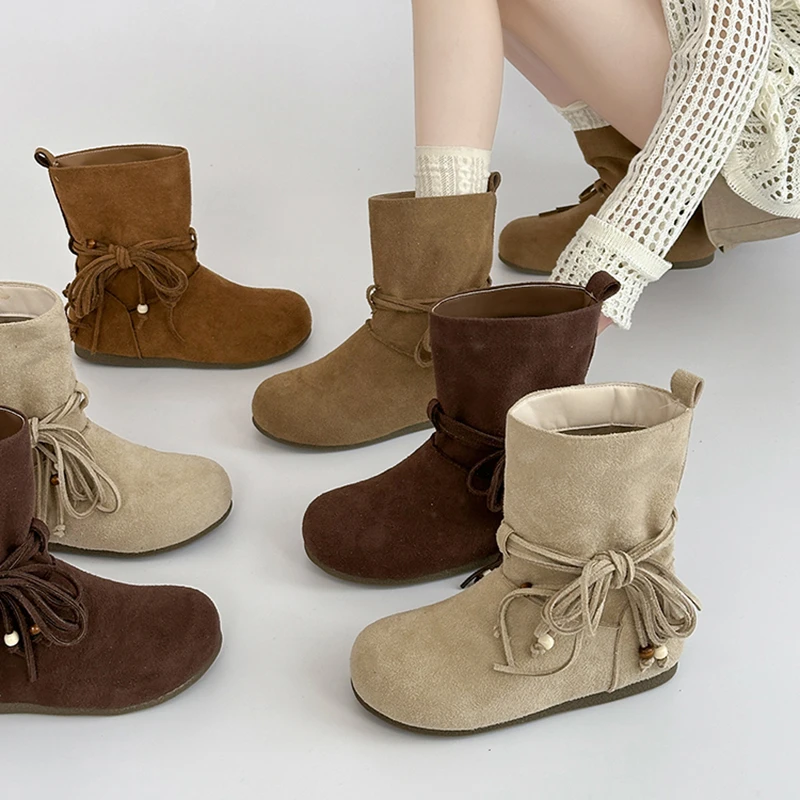 时尚复古风流苏蝴蝶结粗跟短靴女2025秋冬新款纯色气质百搭时装靴